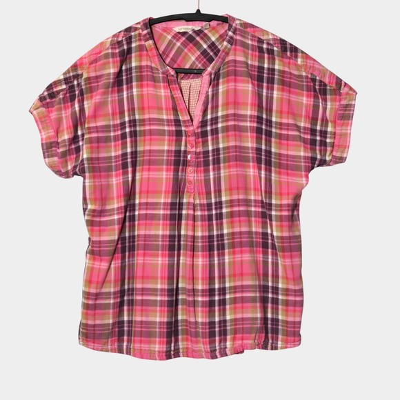 Soft Surroundings Tops - Soft Surroundings Plaid Cotton Gauze Blouse Short Sleeve Pink M Spring Preppy